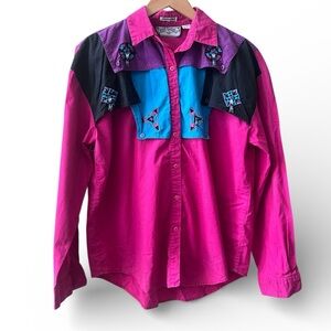 Vtg SIDE SADDLE Jeweled Bedazzled Western Rodeo Shirt 90s Sz M Hot Pink Blue